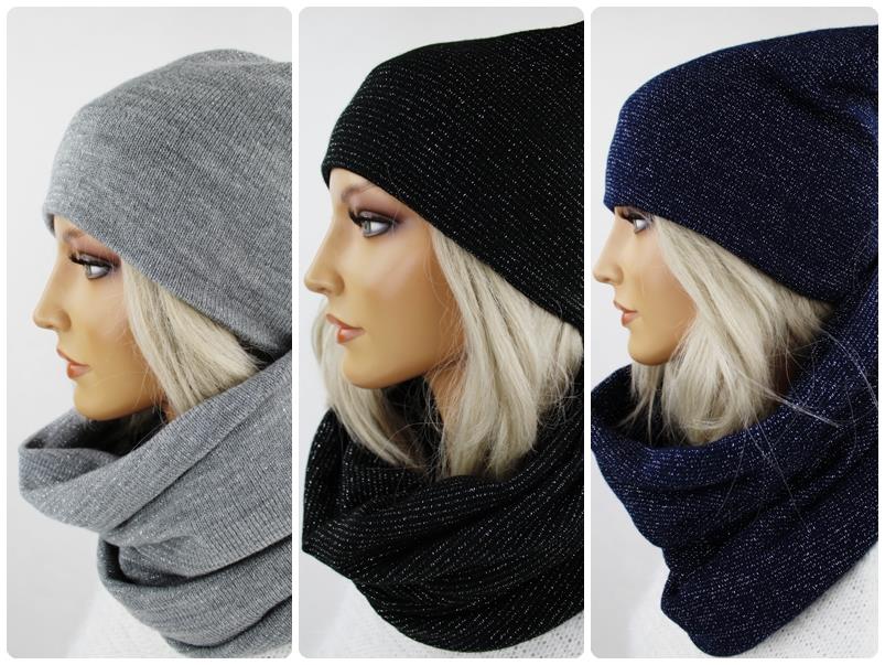 KOMPLET DAMSKI CZAPKA + KOMIN SZALIK SREBRNA NIĆ Marka inna