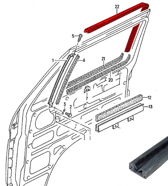 281837709 - Прокладка направляющая стекла большая VW Bus T3 / LT