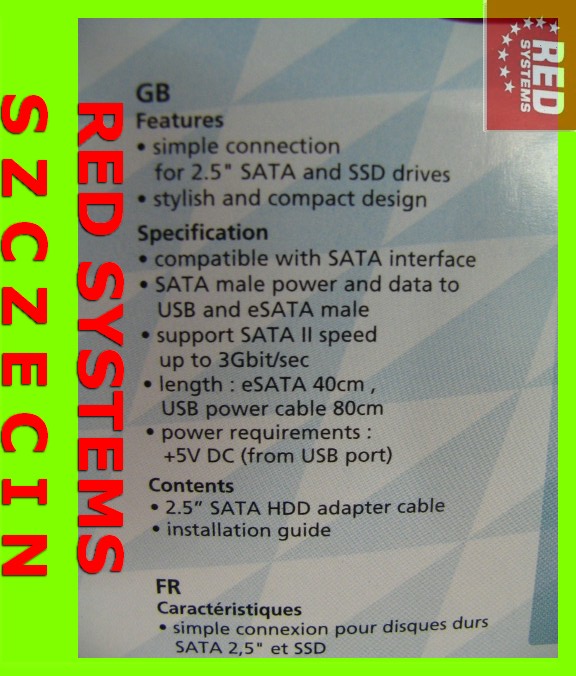 Adapter E-SATA do SATA HDD SSD 2.5' z USB Szczecin Waga produktu z opakowaniem jednostkowym 0.086 kg