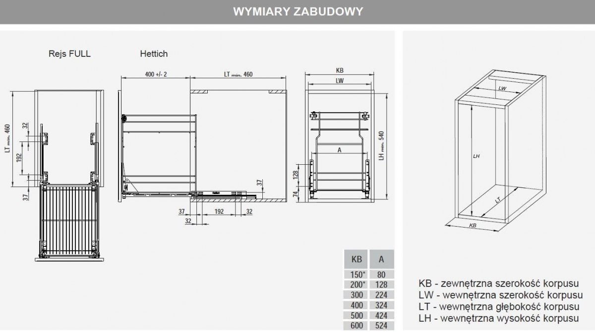 REJS cargo variant multi 600/2 srebro HETTICH Głębokość mebla 46 cm