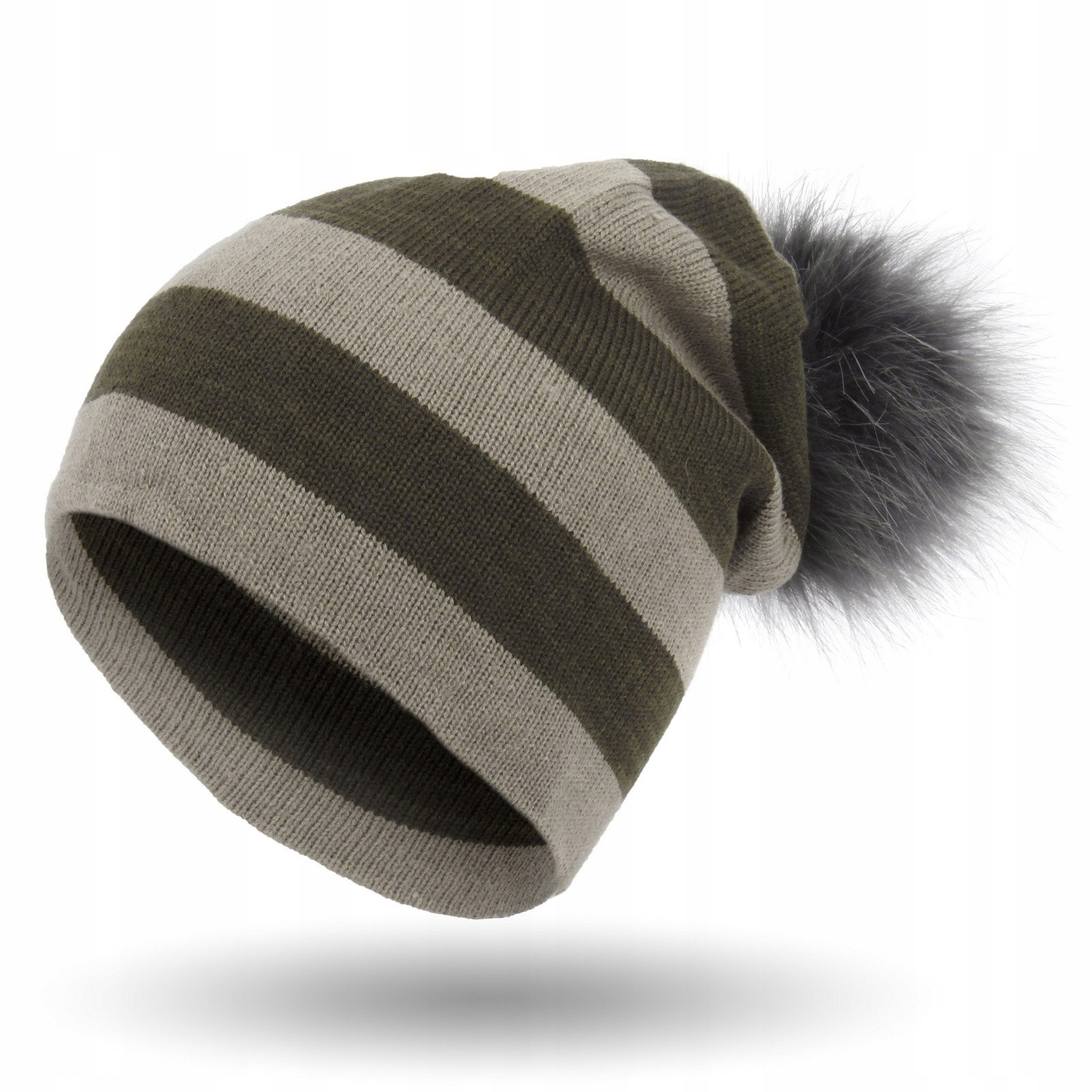 

W333D Beanie Damska Czapka Z Dzianiny Pompon Paski