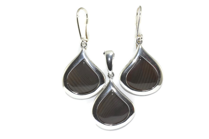 Stříbrný Komplet Náušnice Přívěsek Křemík Pruhovaný