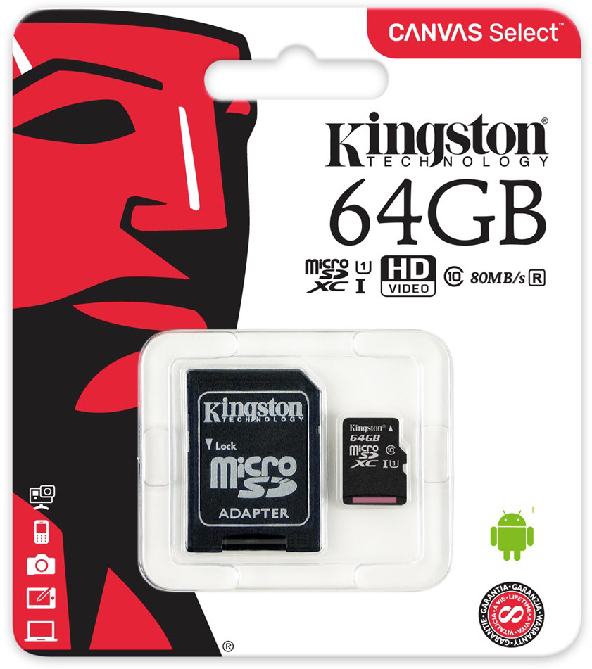 

Kingston Canvas micro Sdxc 64GB +adapter Sd 80MB/s