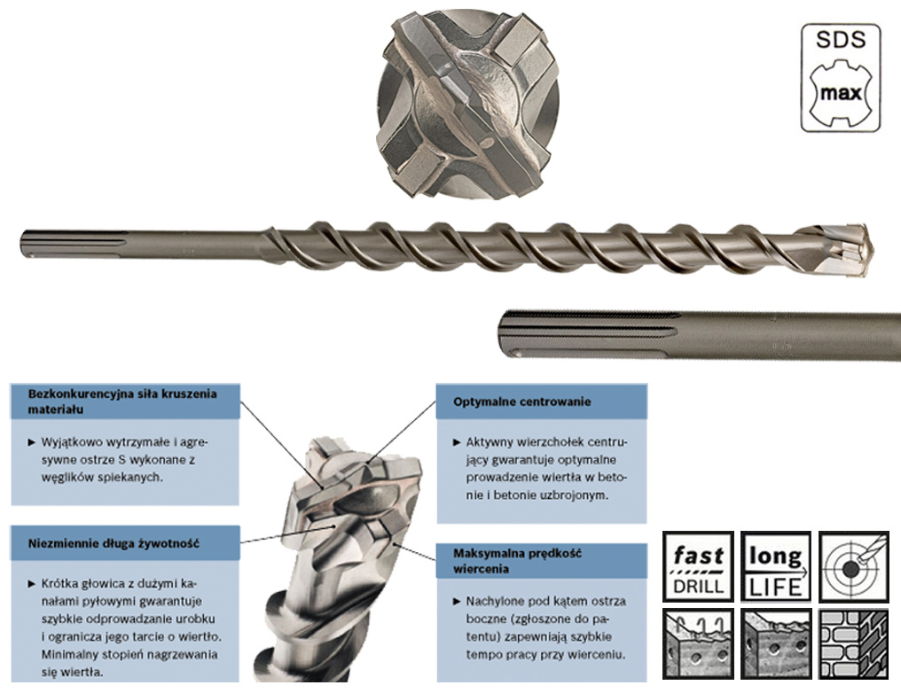 BOSCH wiertło do betonu 22 / 1320mm SDS-Max-7 Zastosowanie do betonu