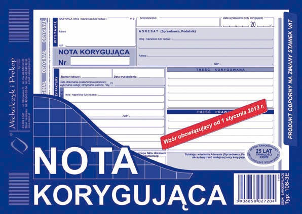 

108-3E Nota Korygująca druk druczek samokopiująca