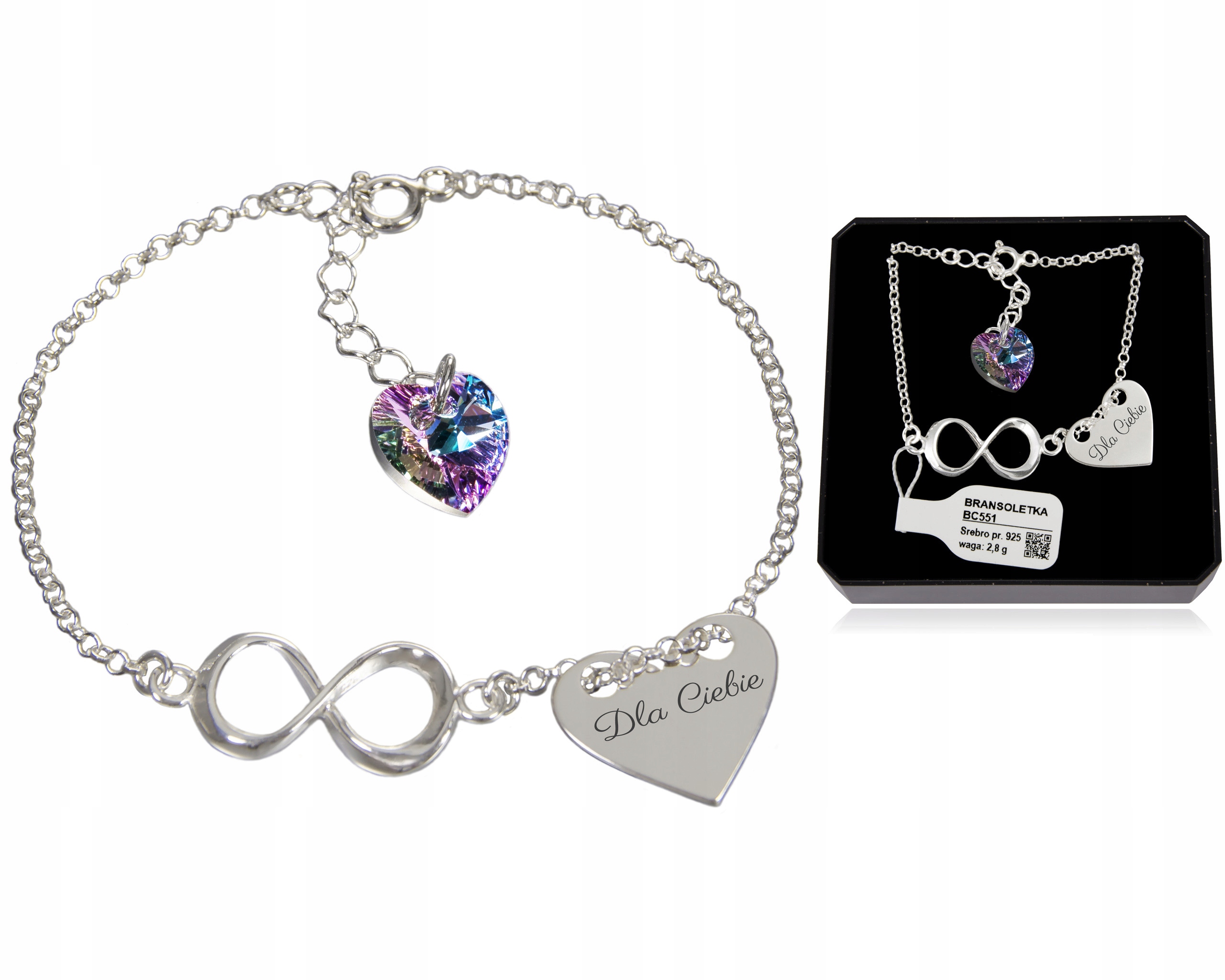 

Bransoletka z kr. Swarovski Infinity Serce Grawer