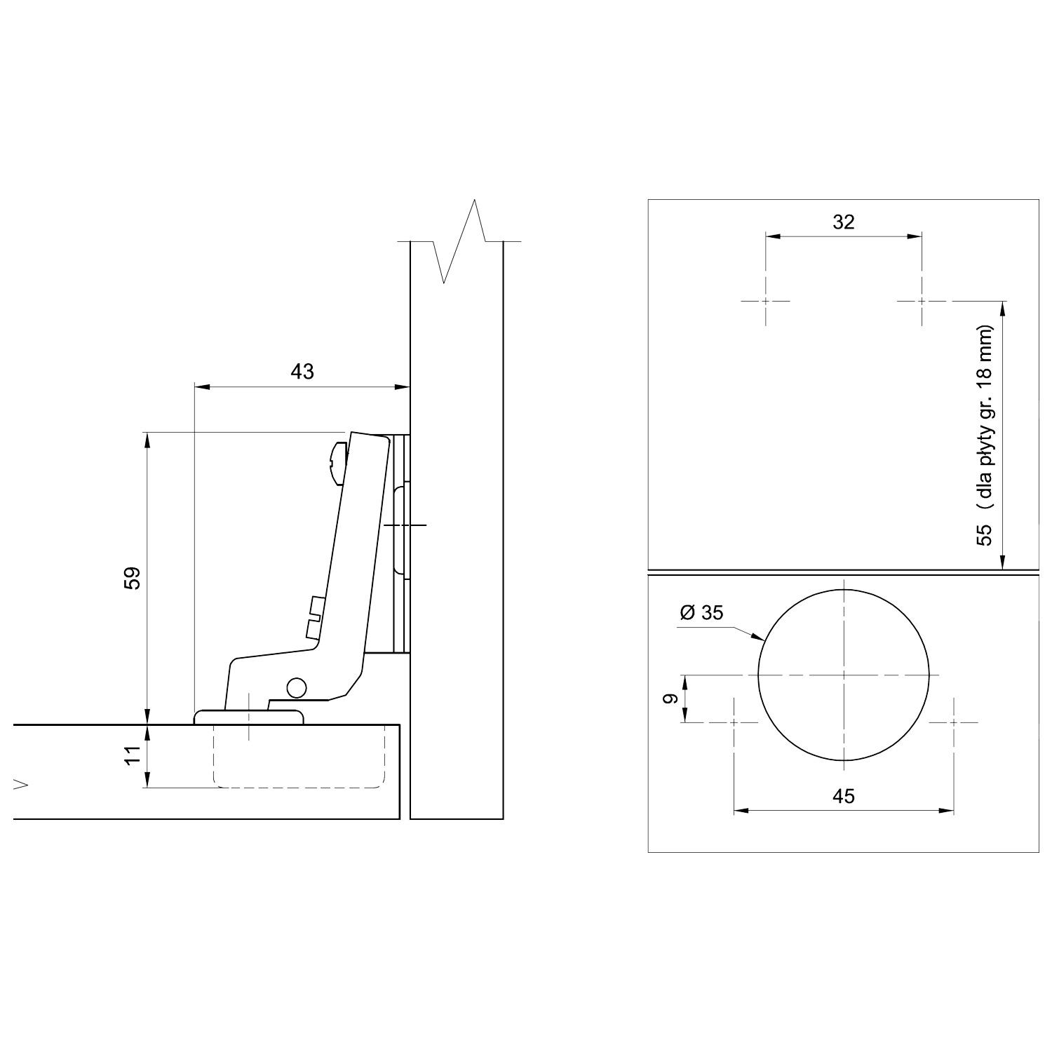 Мебельная петля h401c21/0410 габариты