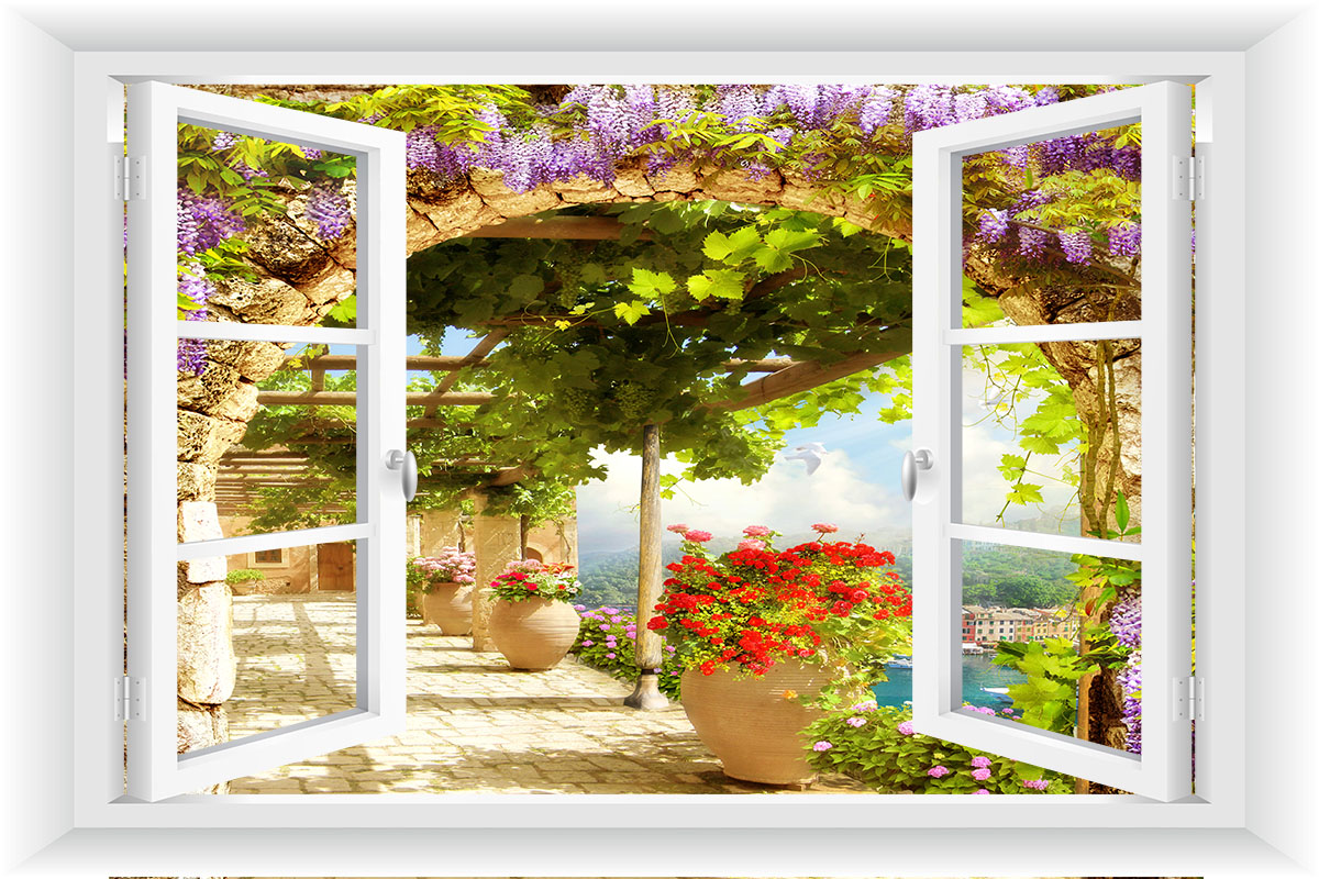 

Naklejka Okno 3D Uliczka Kwiaty Pergola 120x80