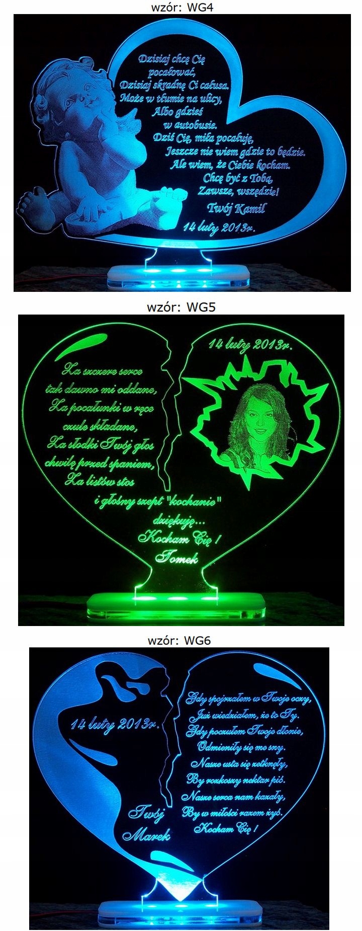 WALENTYNKI LED 4 KOLORY ZŁAMANE SERCE Z FOTO Rodzaj statuetka