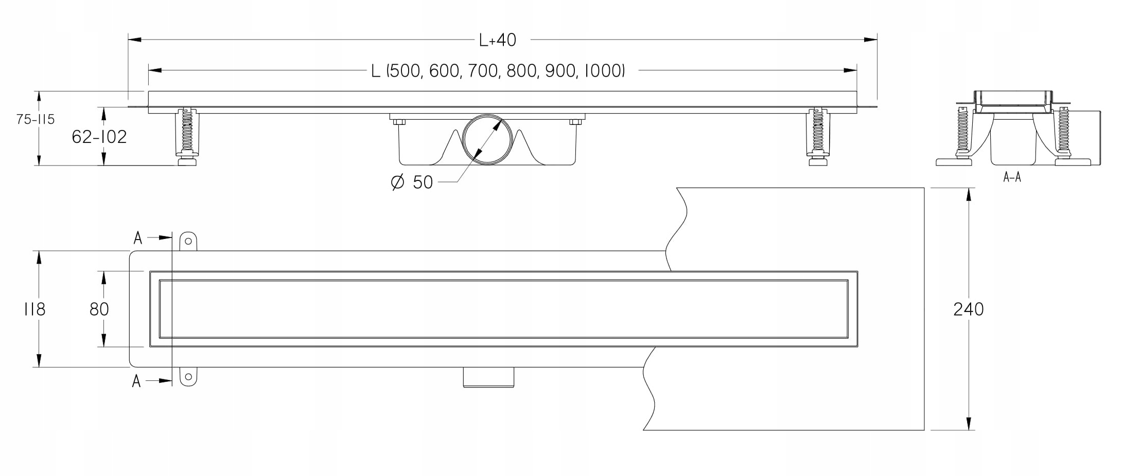 Odpływ liniowy klasyczny VOGI Duo pod płytkę 60 cm NISKI SYFON fi 50 stal Linia Duo