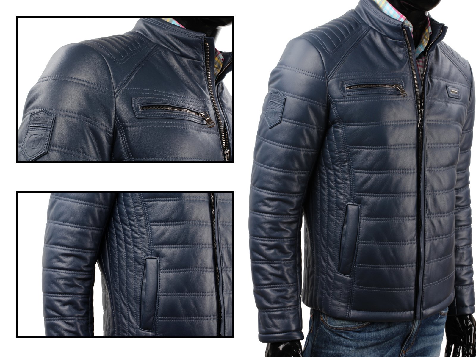 Kurtka Skórzana Pikowana Męska DORJAN LUI074 XS S Kolor niebieski