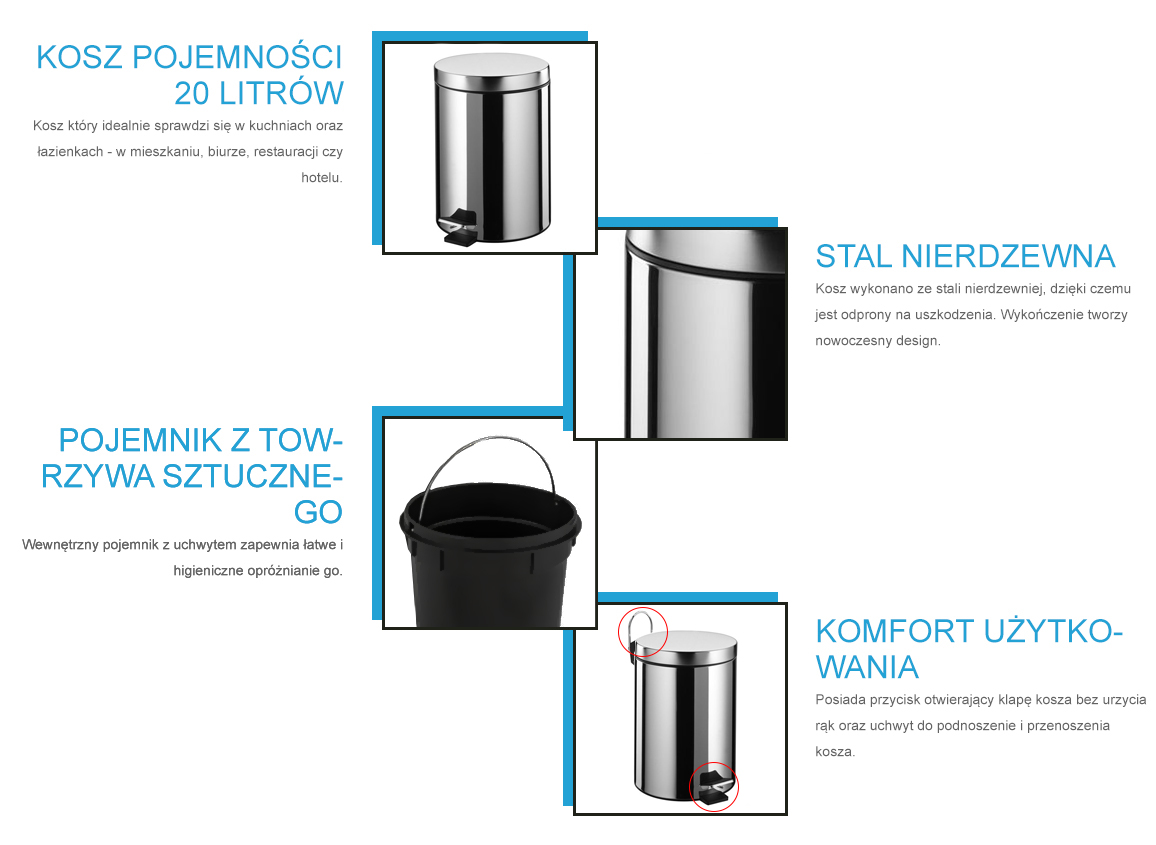 Kosz pojemnik na śmieci 20 litrów stal połysk Marka inny