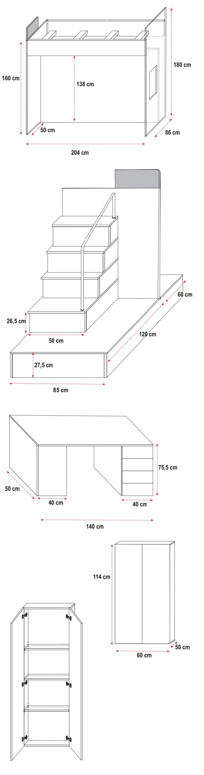 Etagenbett für KINDERZIMMER RAJ 5 + MATRATZEN Zusätzliche Doppelzimmer hoch mit Matratzentisch mit Bettwäschebehälter mit Kleiderschrank mit Treppe