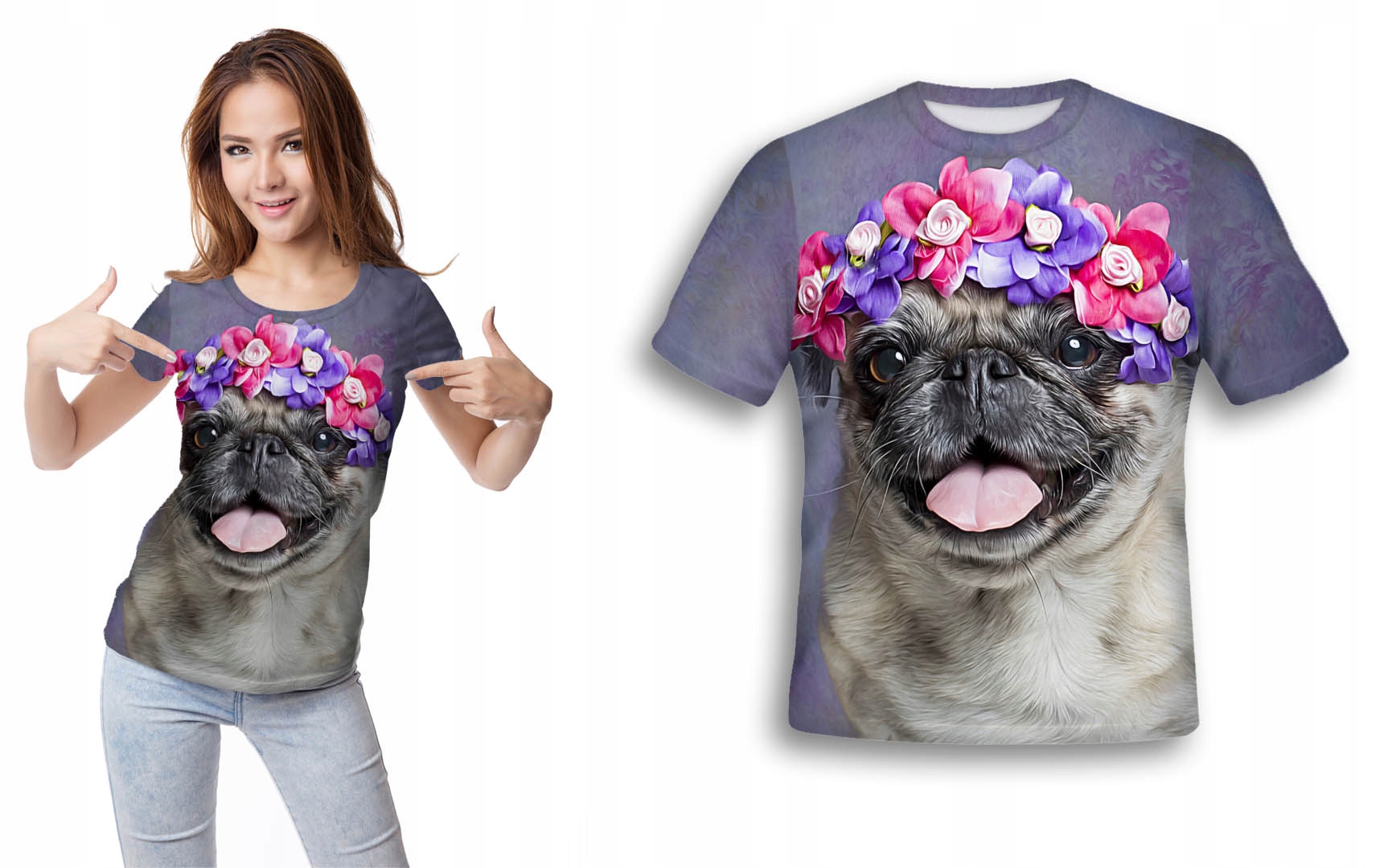 

Koszulka 3D T-shirt Mops Z Wiankiem XL Trwała Pl