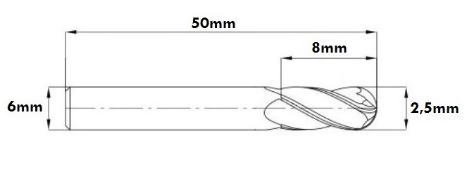FREZ WĘGLIKOWY 2,5mm CHWYT 6mm DŁUGOŚĆ 50mm 2F Twardość (HRC) 45