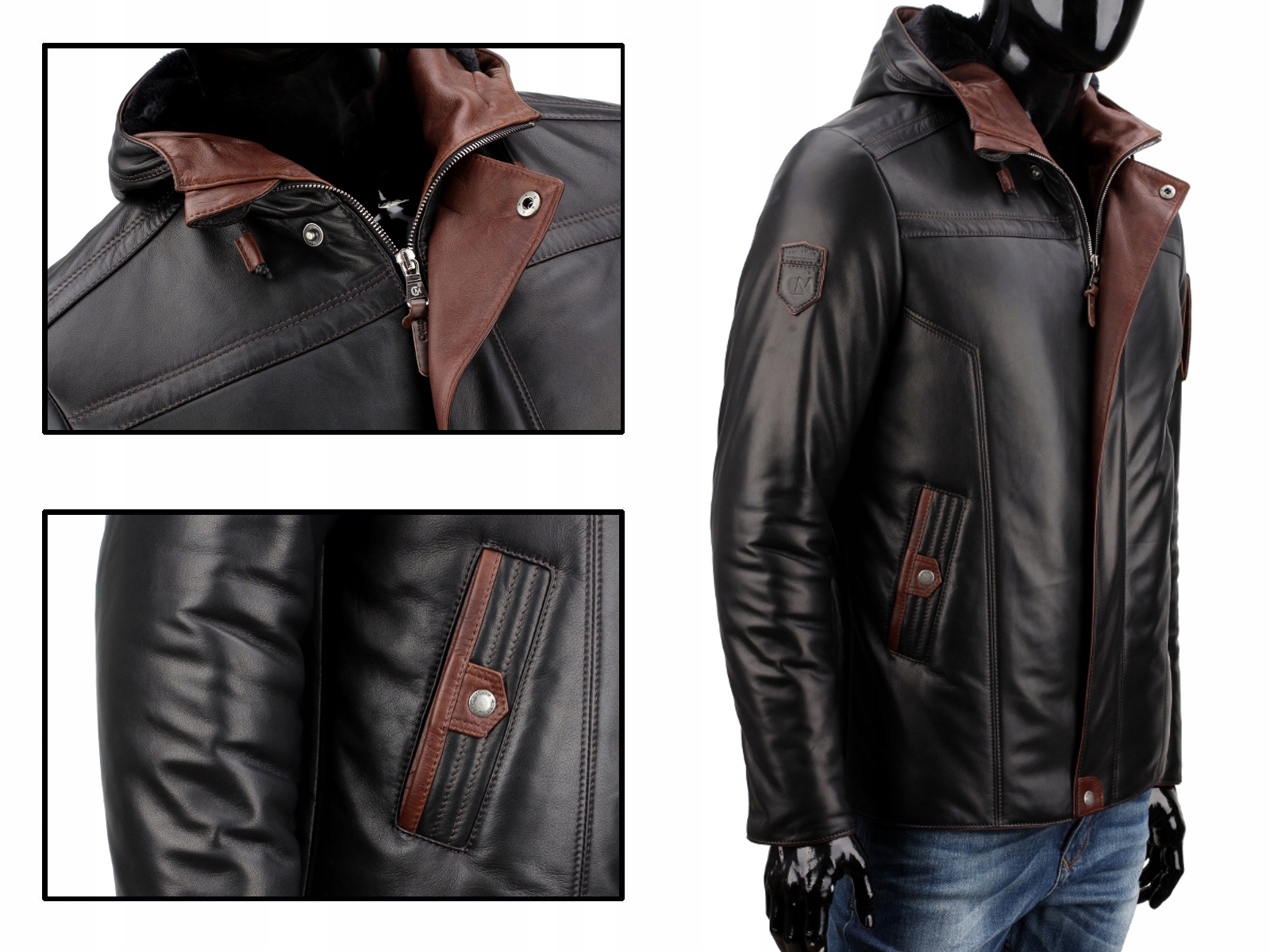 EKSKLUZYWNA Ciepła Kurtka Skórzana Męska z kapturem DORJAN AMD450 XXL Kolor czarny