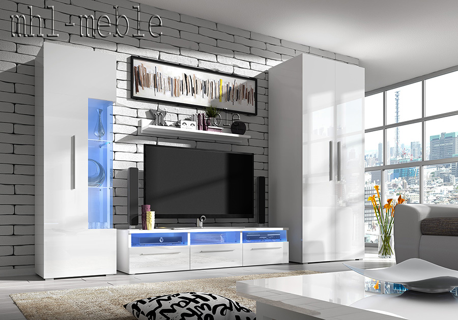 MEBLOŚCIANKA SZARY POŁYSK z LED + SZAFA UBRANIOWA Kolor mebla biały