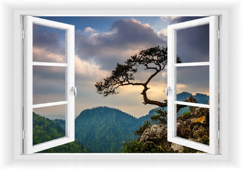 

Fototapeta Okno 3D Góry Drzewa Las Widok 195x130