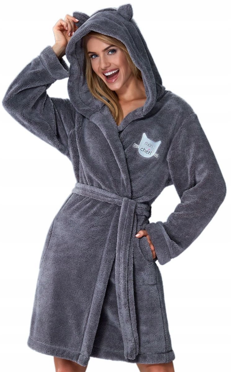 KRÓTKI PUCHOWY DAMSKI SZLAFROK Z USZAMI PODOMKA S Rozmiar S