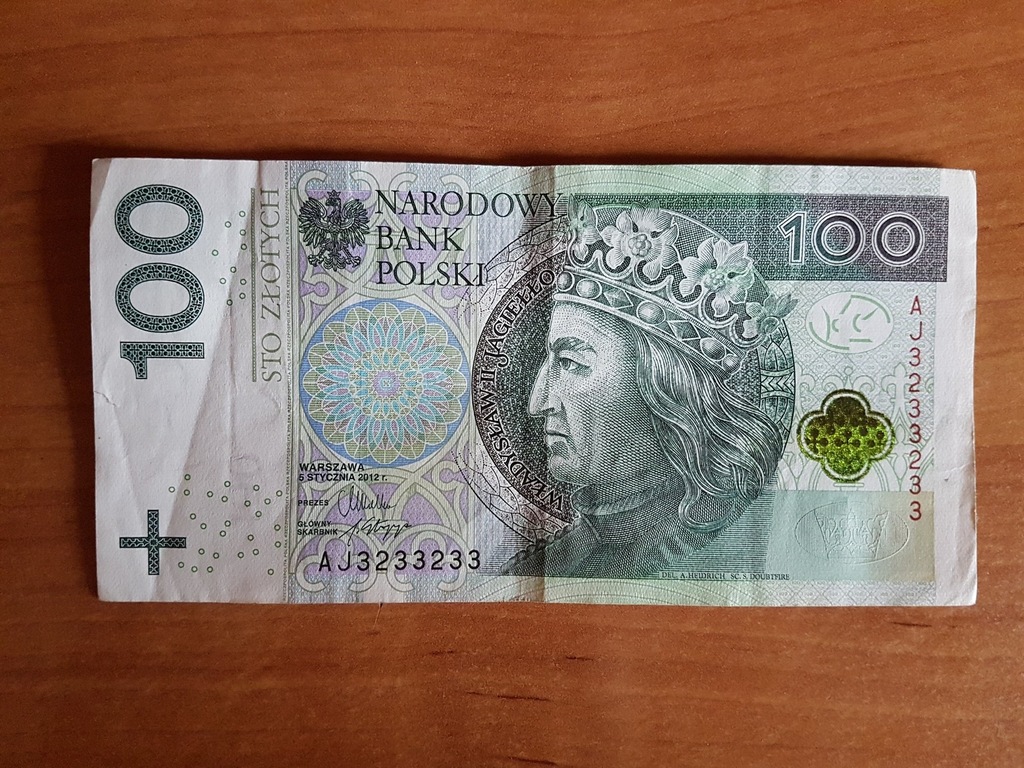 Banknot 100 zł PLN AJ3233233 radar