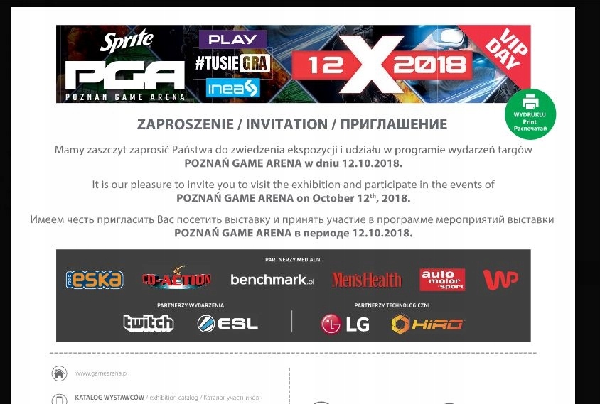 PGA 2018 VIP Day Poznań Game Arena Zaproszenie