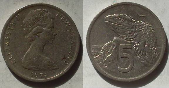 Nowa Zelandia 5 cents 1974 jaszczurka