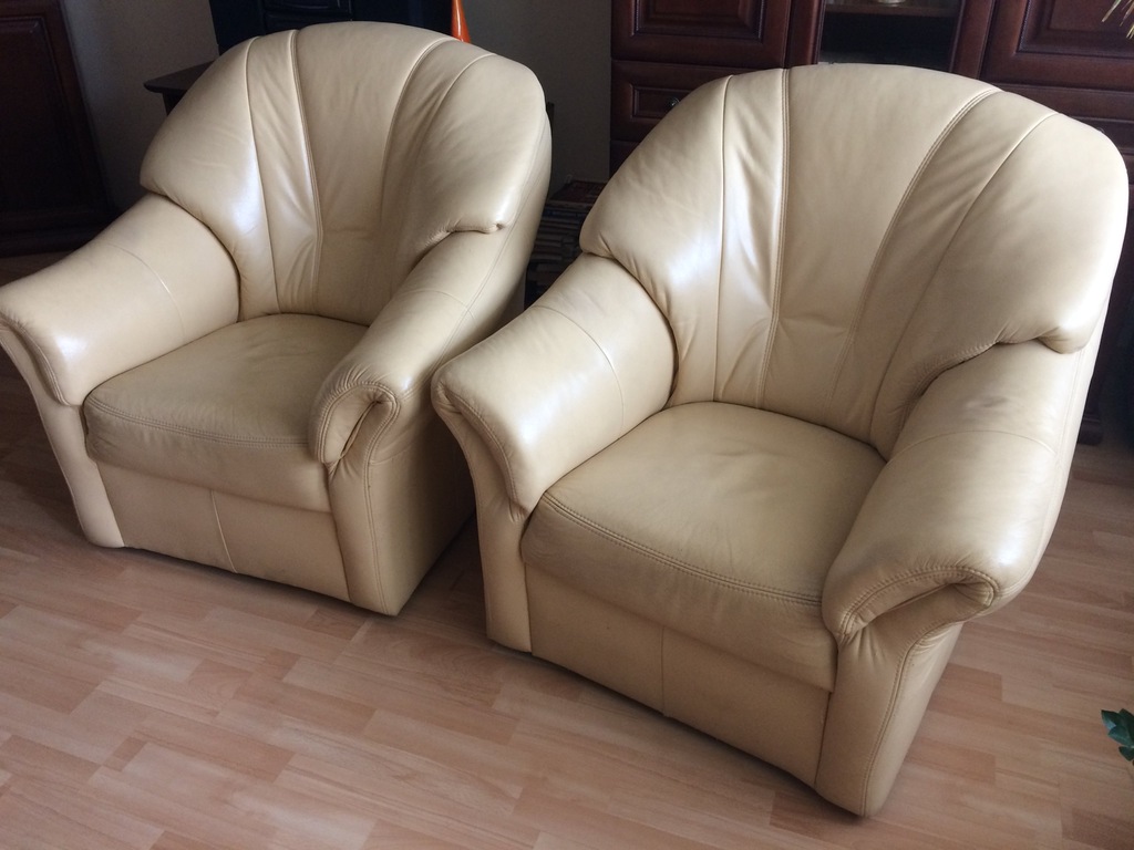 Komplet sofa i dwa fotele skórzane jasnożółte