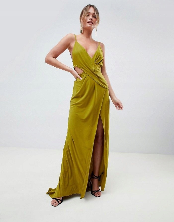 ASO DESIGN Oliwkowa sukienka maxi rozcięcie (36)