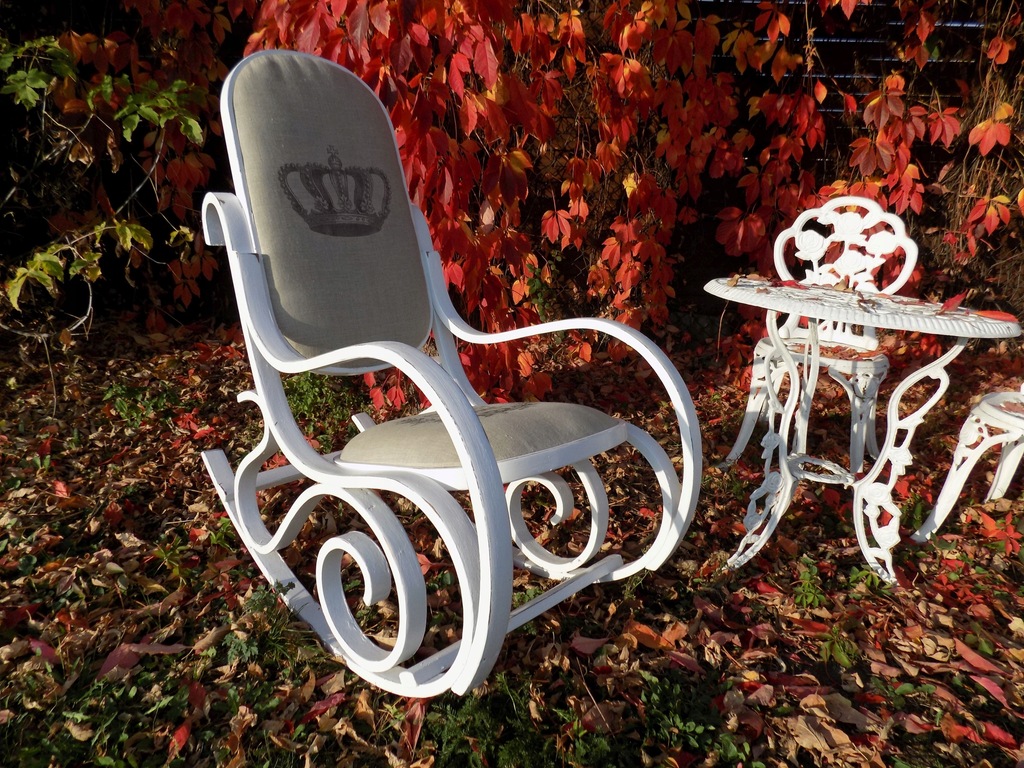 DREWNIANY FOTEL BUJANY, LEN, GRAFIKA, SHABBY CHIC