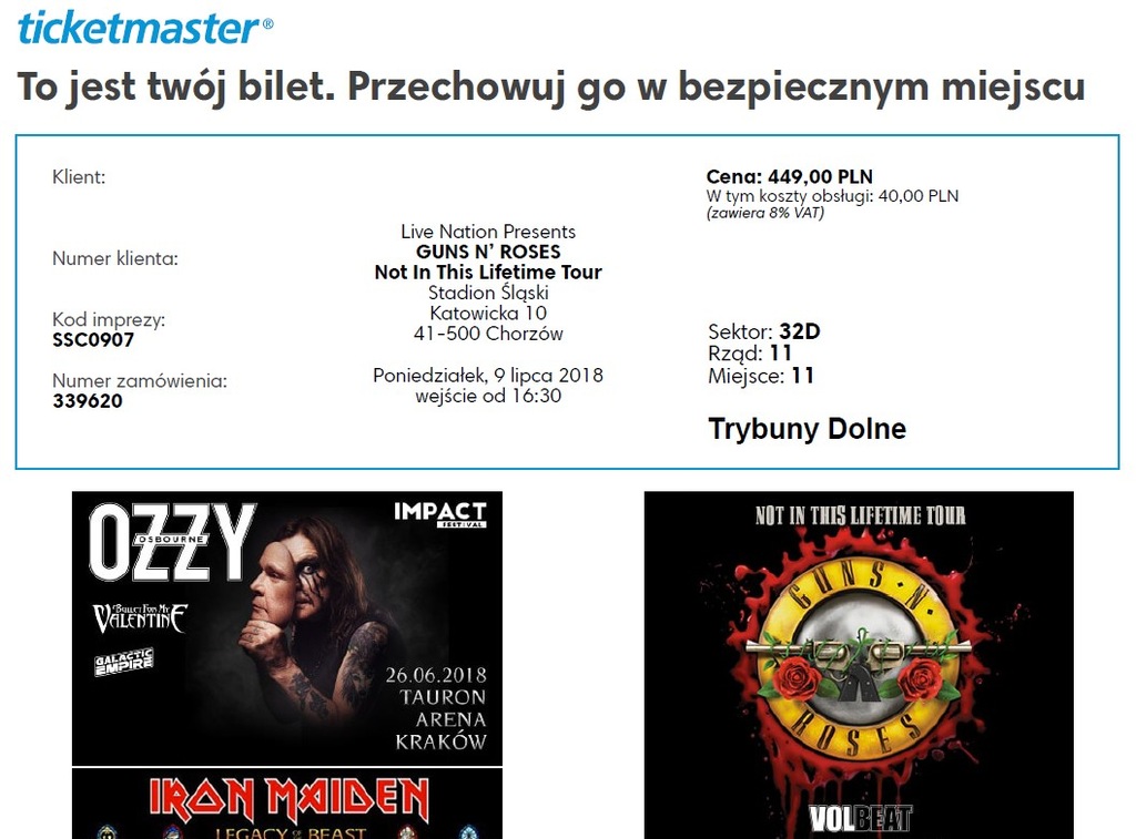 BILET KONCERT GUNS'N'ROSES CHORZÓW TRYBUNY DOLNE