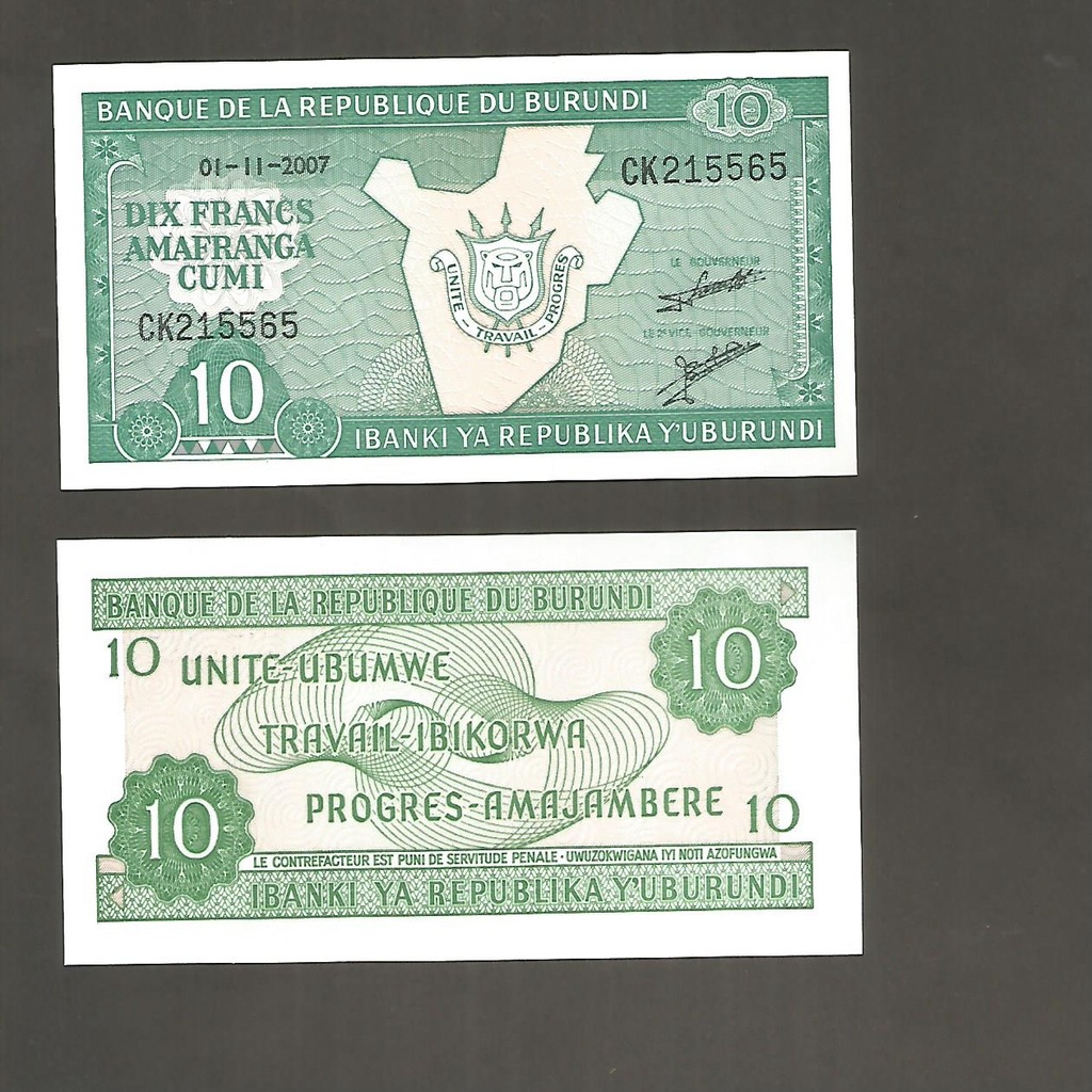 BONKNOT BURUNDI -- 10 Francs - 2007 rok UNC