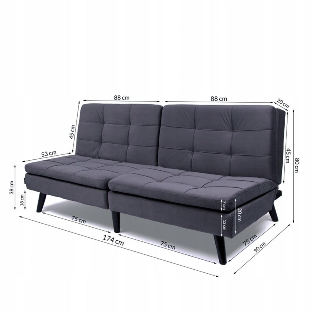Niska Kanapa Z Bocznymi Walkami Sofa rozkładana pikowana kanapa ciemnoszara - 7448077023 - oficjalne archiwum Allegro