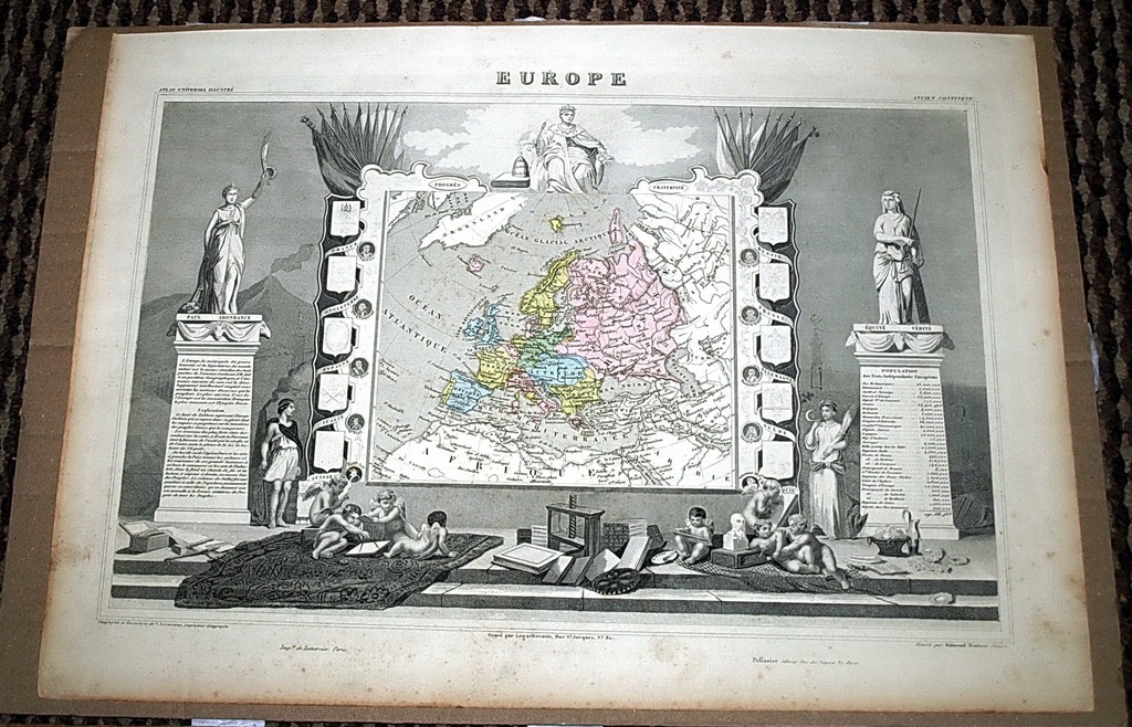 mapa Europa,  Levasseur 1856r, PIĘKNA i RZADKA