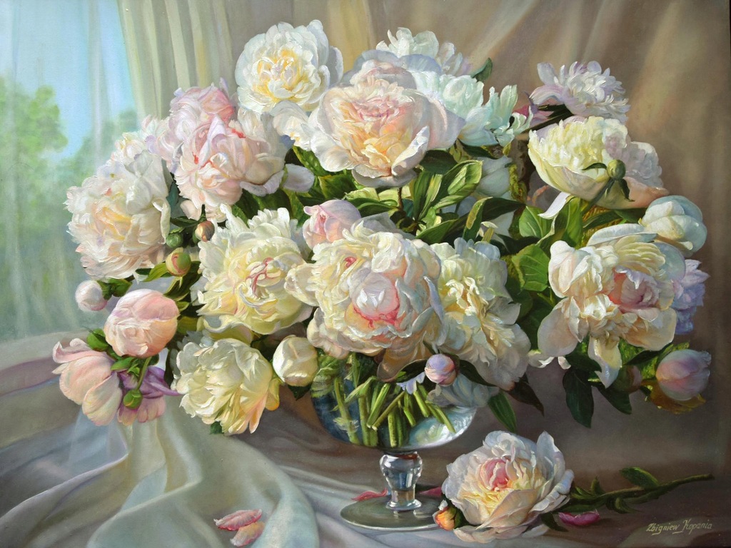 Zbigniew Kopania Obraz Olejny Peonie na Oknie
