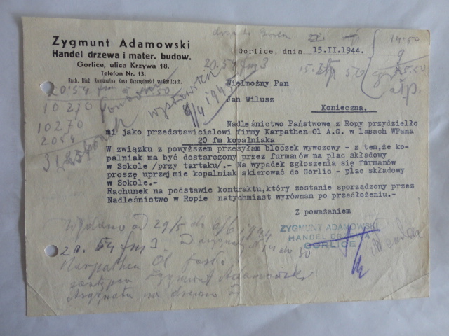 GORLICE ADAMOWSKI PISMO WILUSZ 1944 ROK GG