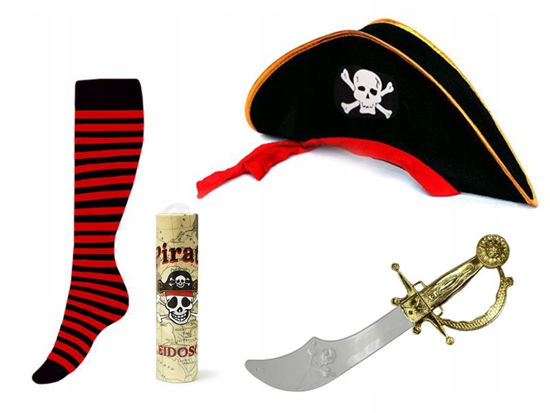 ZESTAW PIRATA CZAPKA SZABLA LUNETA ZAKOLANÓWKI