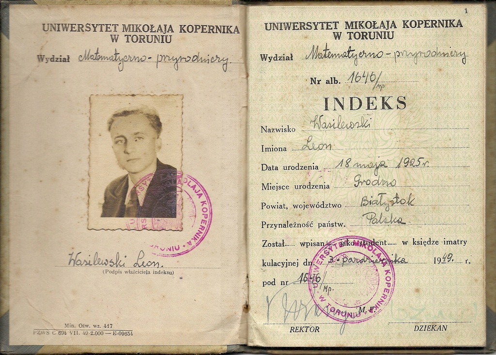 Indeks Uniw. im. M. Kopernika w Toruniu z 1949r