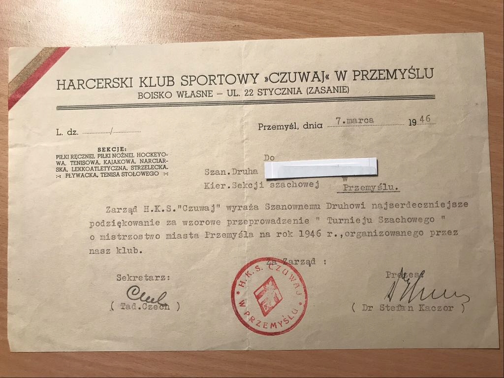 KS Czuwaj Przemyśl - Dokument 1946 Harcerski Klub