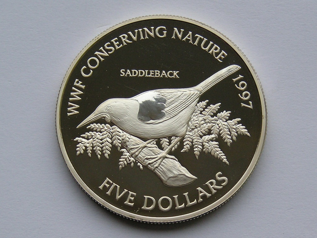 N.Zelandia 1997r. 5$ - Ptak KUROBRÓD SIODŁATY (Ag)