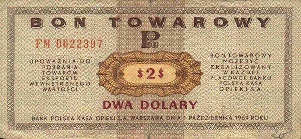 POLSKI BON TOWAROWY - 2 DOLARY - 1969 rok PB22
