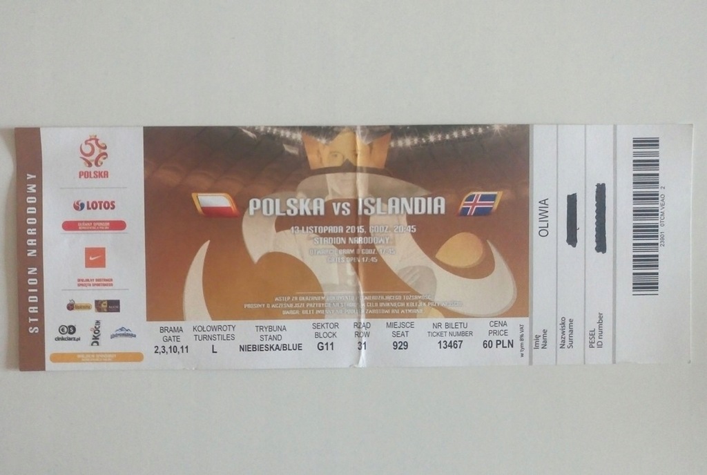 Bilet POLSKA - ISLANDIA! 13.11.15 Stadion Narodowy
