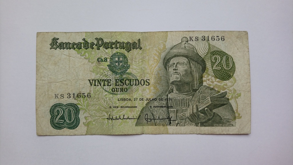 Banknot Portugalia 20 Escudos 1971 rok