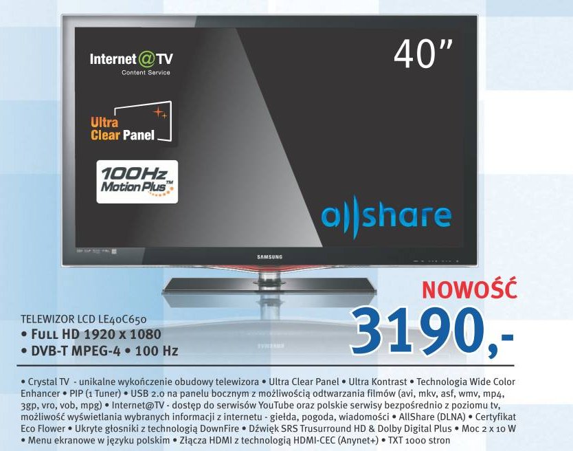 TV Lcd Samsung 40 cali LE40C650  Internet Wi-fi
