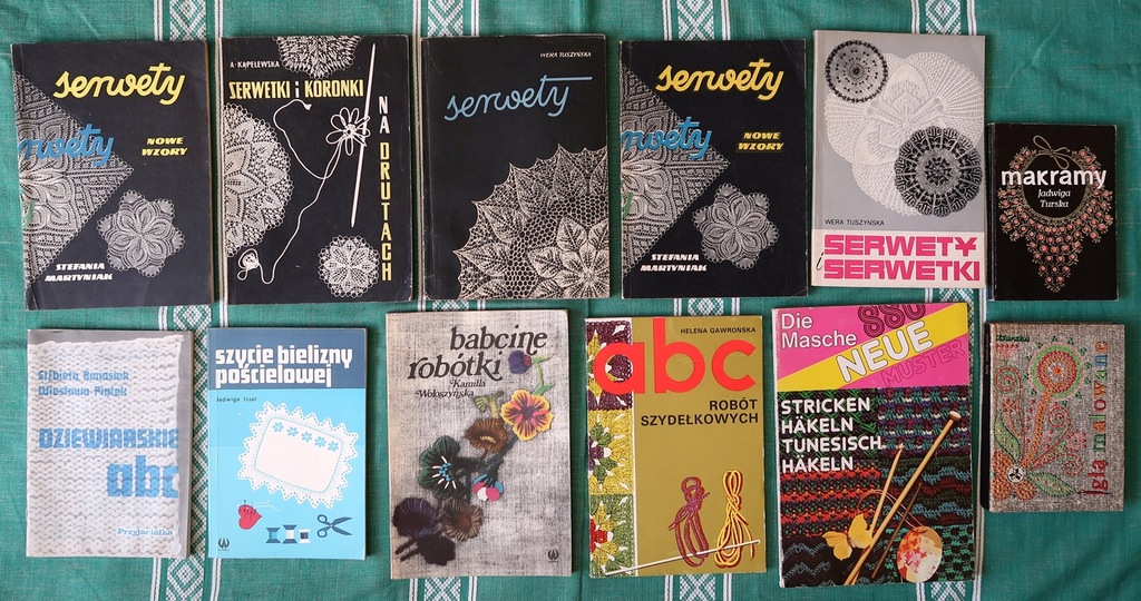 12 KSIĄŻEK O SZYDEŁKOWANIU, HAFTOWANIU, SERWETACH