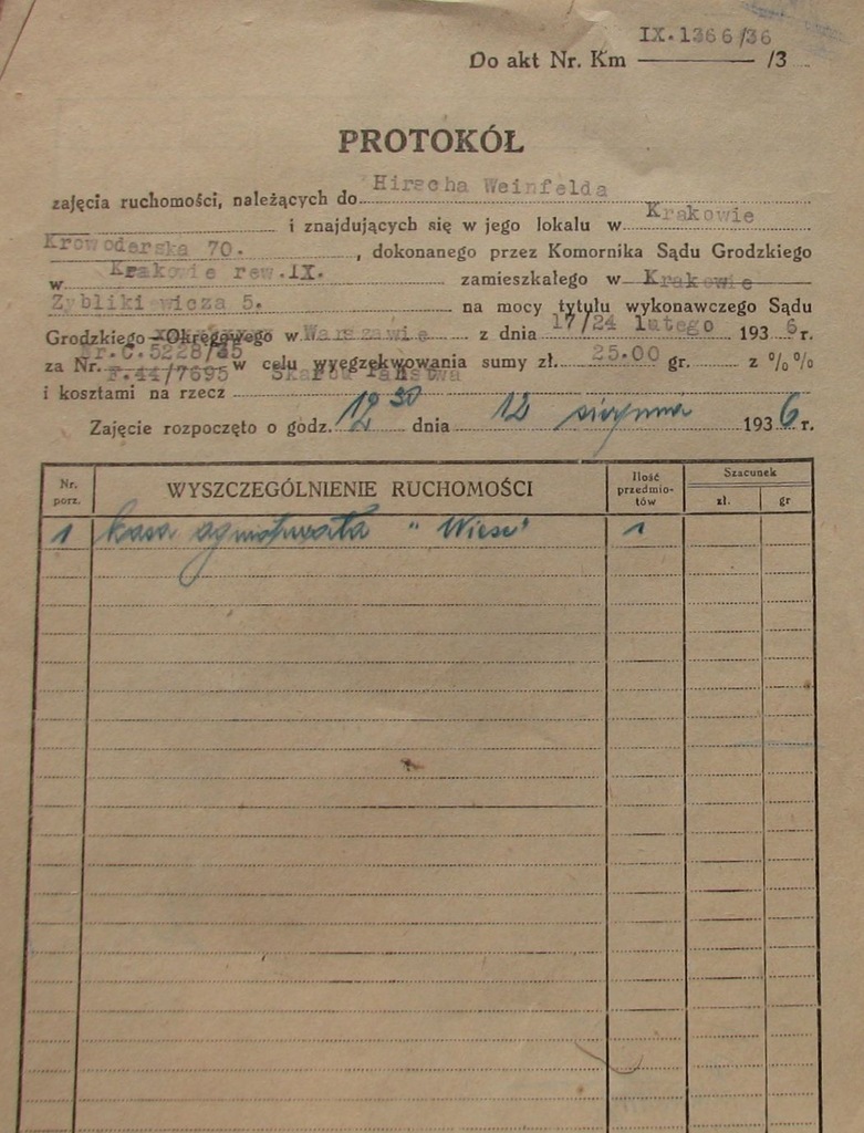 PROTOKÓŁ ZAJĘCIA RUCHOMOŚCI .1936 [ JUDAICA]