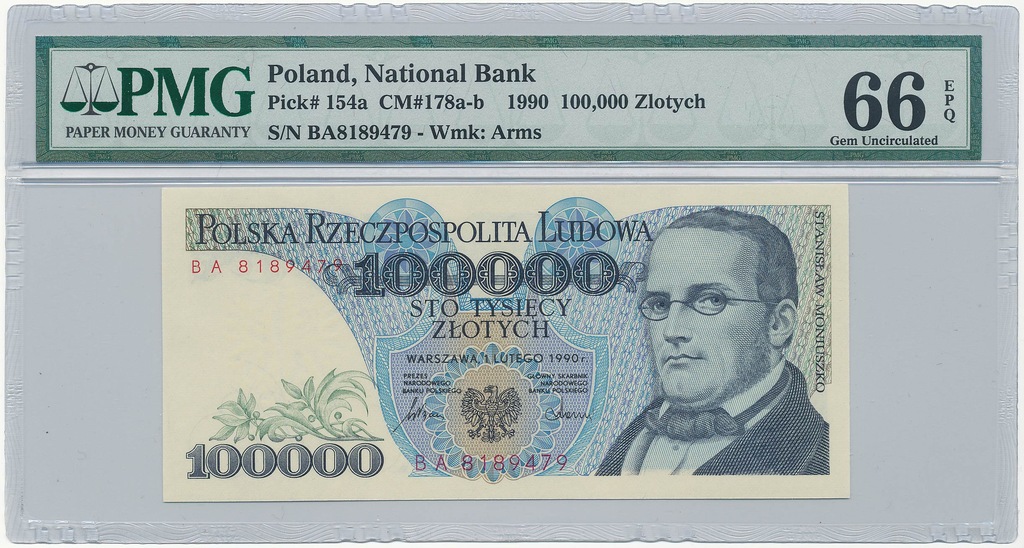 100.000 zł 1990 - BA - PMG 66 EPQ