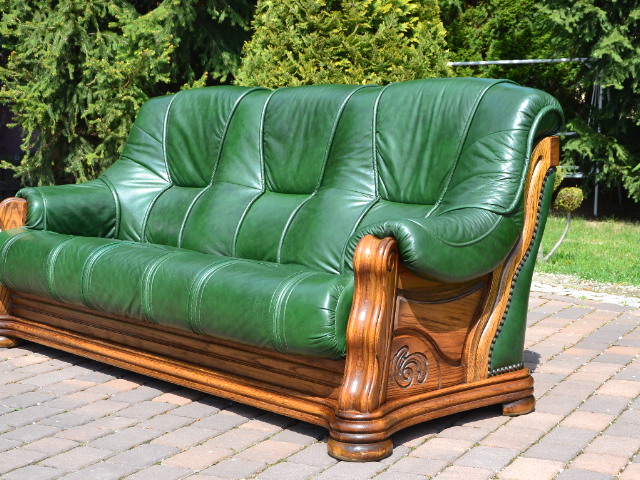 Sofa skórzana na dębowym stelażu Zielona Kanapa