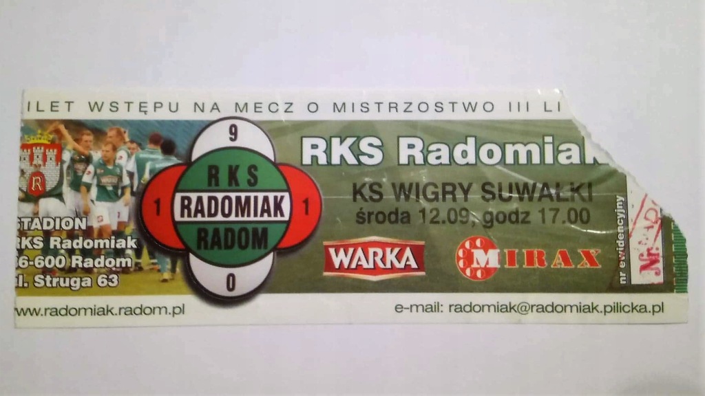 Bilet Radomiak Radom - Wigry Suwałki 12.09.2007