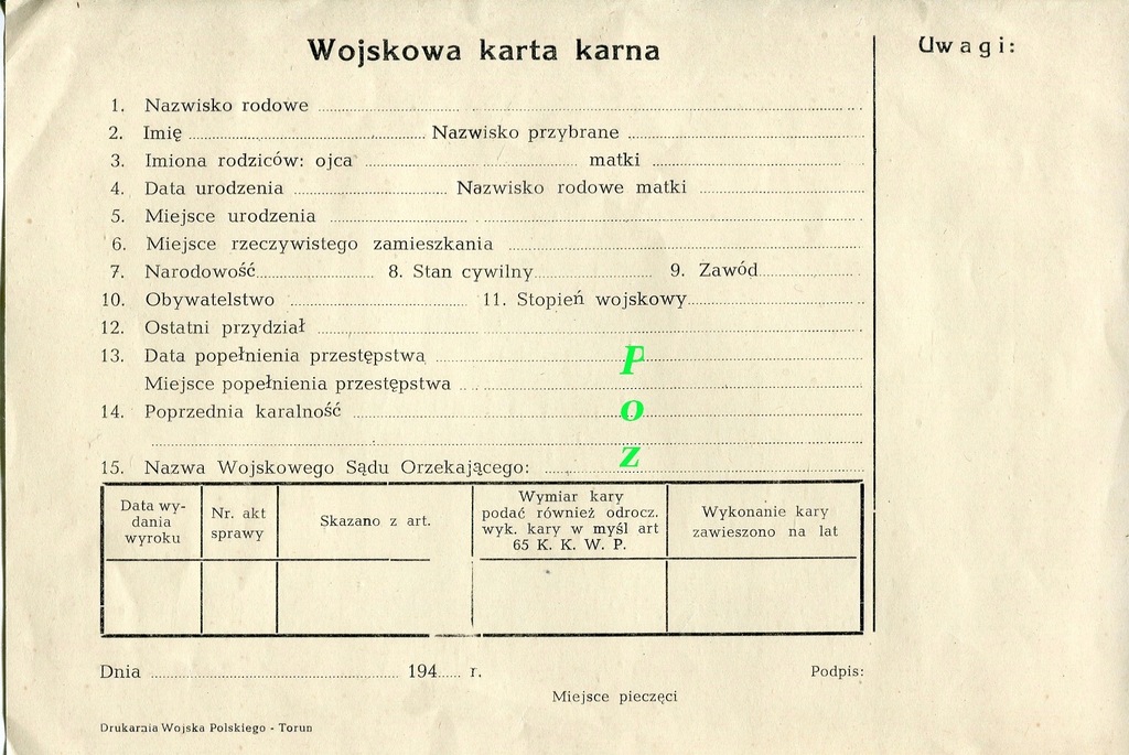 Wojskowa Karta Karna druk 1940