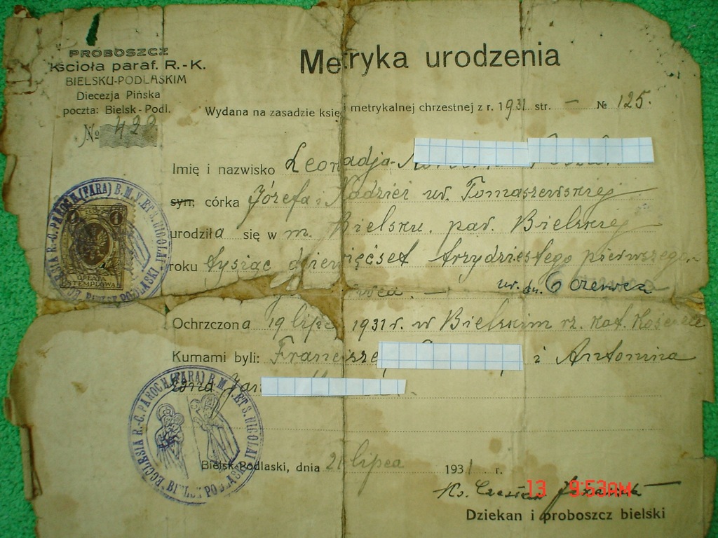 Metryka urodzenia z 1931 r. Diecezja Pińska.